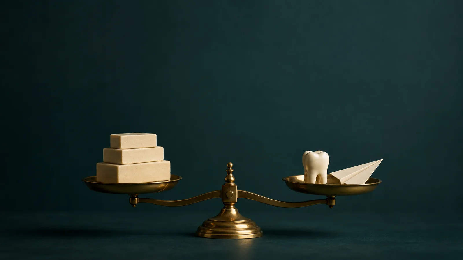 A brass balance scale with stacked cream blocks on one pan and a ceramic tooth with a paper aeroplane on the other