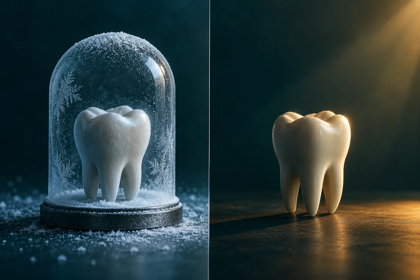 Split image: a ceramic tooth sealed under a frost-covered glass dome on the left, the same tooth in open warm light on the right