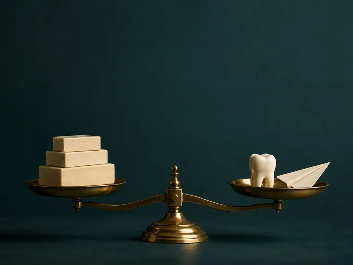 Brass balance scale weighing cream blocks against a ceramic tooth and a paper aeroplane
