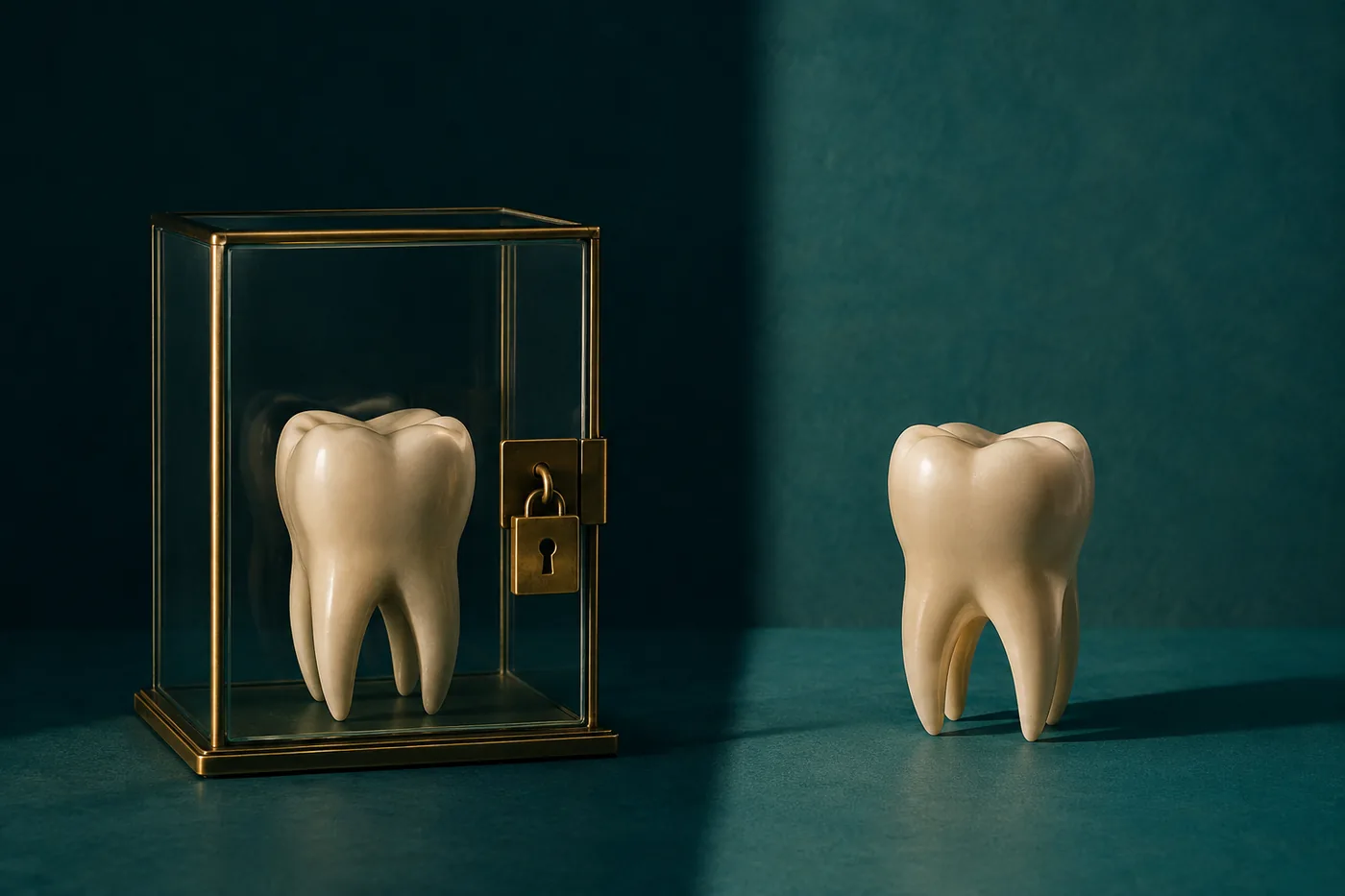 Two identical ceramic teeth: one locked inside a brass and glass display case, one standing freely in open light